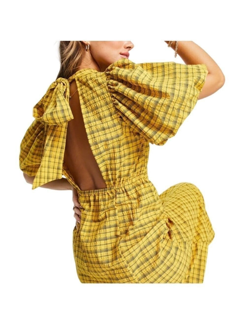 NWT Selected Femme Denmark yellow check puff sleeve open back midi maxi dress 36